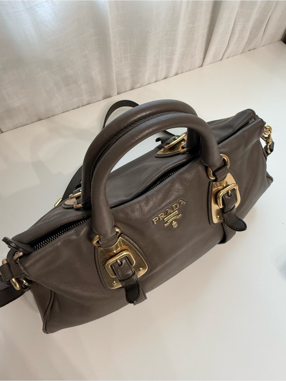 Prada Taupe Gray Leather Satchel Crossbody Bag with Gold Hardware Vitello Daino - Picture 5 of 15